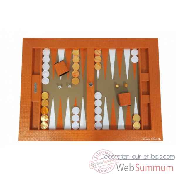 Plateau de backgammon cuir natte orange -B601003-o