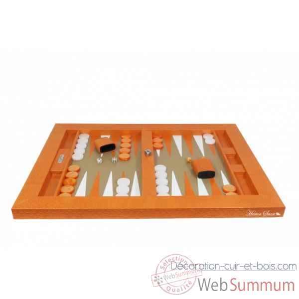 Plateau de backgammon cuir natte orange -B601003-o -1