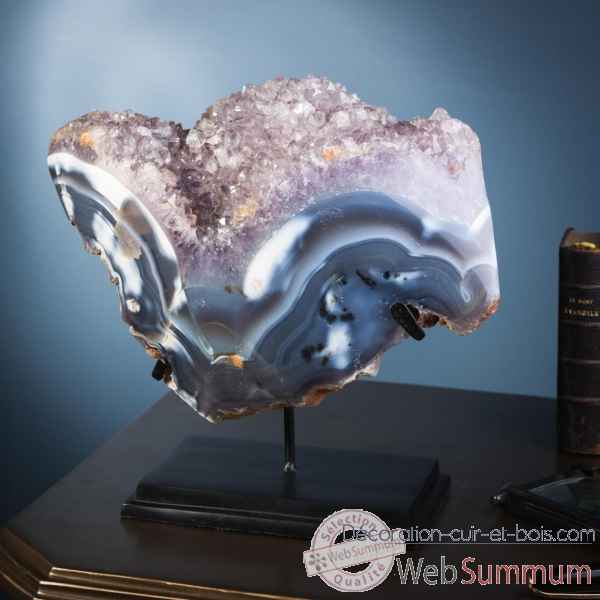 Geode d'amethyste ouverte bordee d'agate bleue Objet de Curiosite -PUMI813