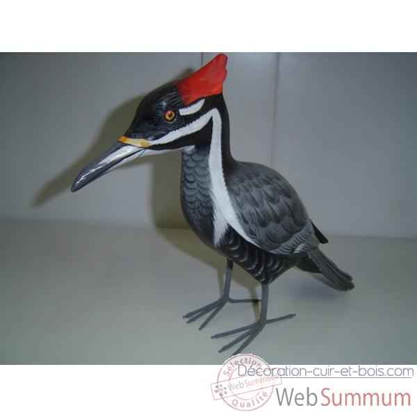 Oiseau noir gris et crete rouge en bois Animaux Bois -lcdm047